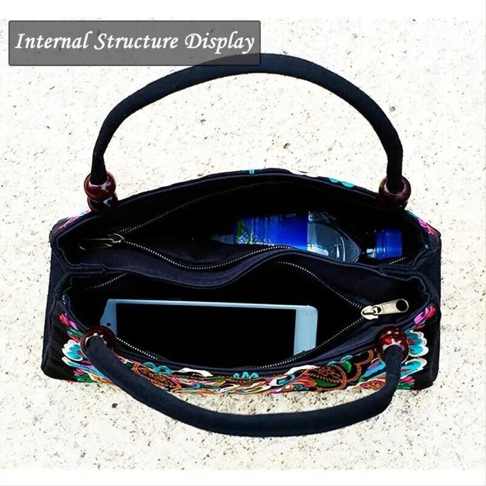 Women's Stylish Floral Embroidered Tote Handbag, Trendy Zipper Canvas Bag - Picture 5 of 6